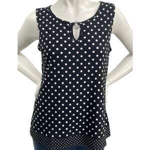 Diana Belle Polka Dot Sleeveless Top Keyhole Cutout Silver Ring Black White Med